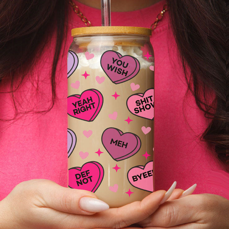 Valentine’s Day glass cup for love-themed drinks.
Galentine’s Day glass tumbler for bestie celebrations.